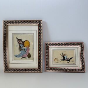 VTG Persian Camel Bone‎ Art Mosaic Framed Art Set of 2 Beautiful